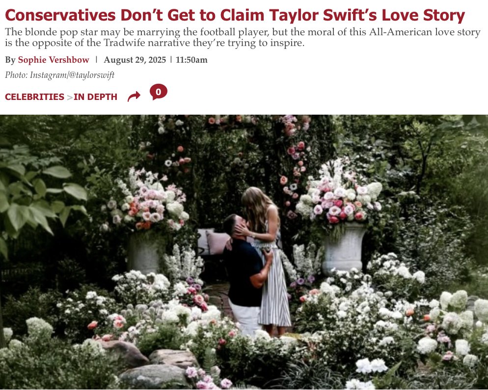 For <a href="/Jezebel/">Jezebel</a> I wrote about the right-wing reaction to Taylor Swift's engagement, and why I don't think we're about to see a bunch of Swifties follow her down the aisle. jezebel.com/conservatives-…