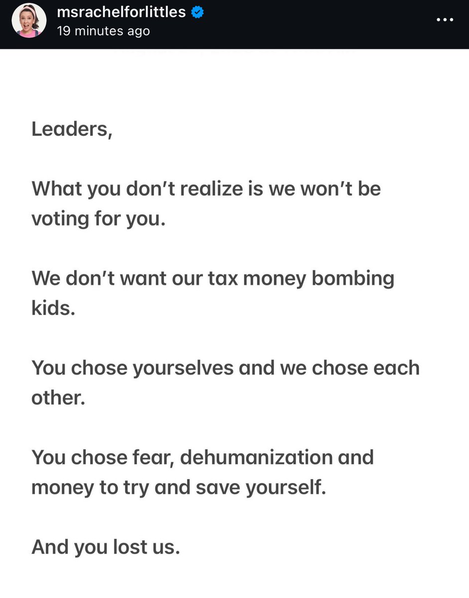 AssalRad's tweet photo. Ms Rachel to leaders: “We won’t be voting for you. We don’t want our tax money bombing kids” https://t.co/5rGNWhRvxy