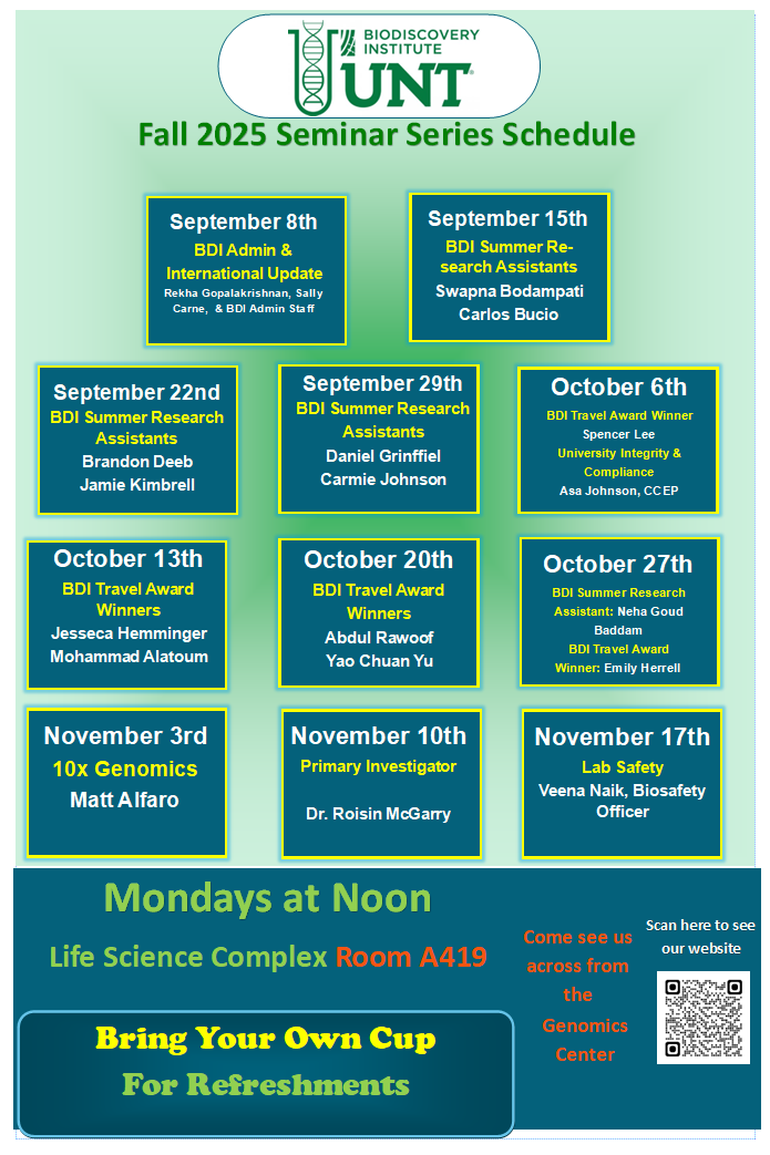 BioDiscovery Institute (@bdi_unt) on Twitter photo Just a few days until we kick off the BDI Seminar Series for Fall 2025. #unt <a href="/UNTFacSuccess/">UNT Faculty Success</a> <a href="/UNTChemistry/">UNT Department of Chemistry</a> <a href="/UNTScience/">UNT College of Science</a> <a href="/UNTsocial/">University of North Texas</a> <a href="/DPLife_UNT/">Center for Student Affairs at Discovery Park</a> <a href="/UNTResearch/">UNT Research and Innovation</a> <a href="/UNTclass/">UNT CLASS</a> Just a few days until we kick off the BDI Seminar Series for Fall 2025. #unt <a href="/UNTFacSuccess/">UNT Faculty Success</a> <a href="/UNTChemistry/">UNT Department of Chemistry</a> <a href="/UNTScience/">UNT College of Science</a> <a href="/UNTsocial/">University of North Texas</a> <a href="/DPLife_UNT/">Center for Student Affairs at Discovery Park</a> <a href="/UNTResearch/">UNT Research and Innovation</a> <a href="/UNTclass/">UNT CLASS</a>