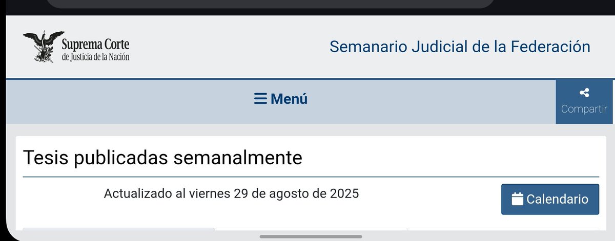 Esta es la última publicación  del SJF que tengo el honor de dirigir.  Fue un privilegio formar  parte  de un área fundamental en la <a href="/SCJN/">Suprema Corte</a>. 
Gracias a todas las personas que incondicionalmente trabajan para que ustedes tengan sus tesis semana a semana. 
sjfsemanal.scjn.gob.mx/busqueda-princ…