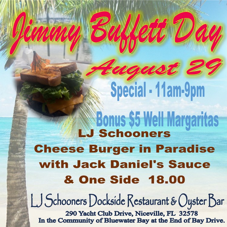 BWBMarina's tweet photo. Jimmy Buffett Day Special at LJ Schooners Dockside Restaurant & Oyster Bar
Friday, August 29
LJ Schooner Cheese Burger in Paradise with Jack Daniels Sauce and Side, $18
#jimmybuffettday #cheeseburgerinparadise https://t.co/s4GBAB0H6f