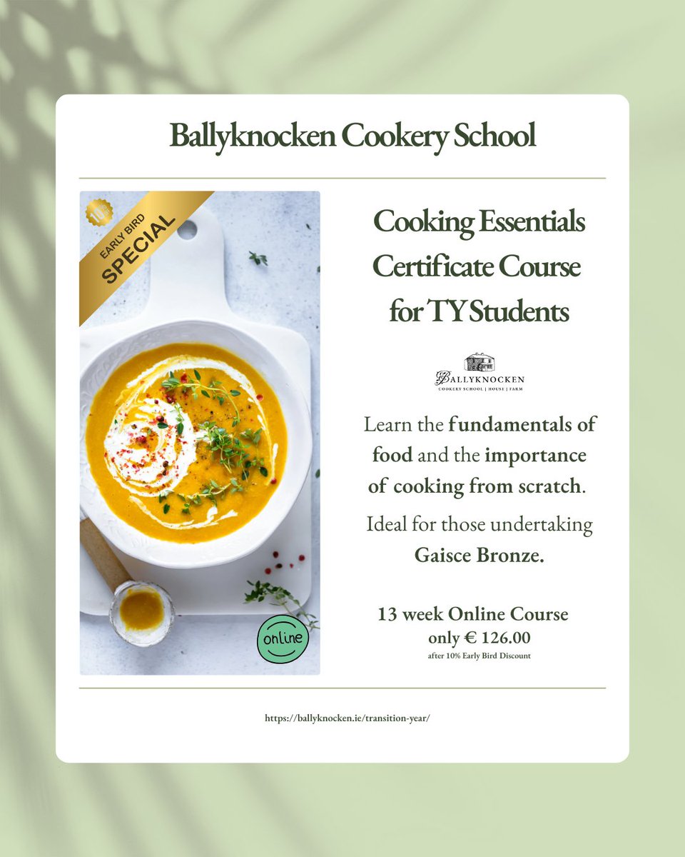 Cfulvio's tweet photo. EARLY BIRD OFFER ✨

Ballyknocken Online Cooking Essentials Certificate for Transition Year Students 🧑‍🍳

Use Code TY10 and book by the 31st Oct to avail of our 10% early bird discount ❤️

➡️ https://t.co/5zlzQqa5Le

#TYIreland #TYExperience https://t.co/tcEp8sFaze