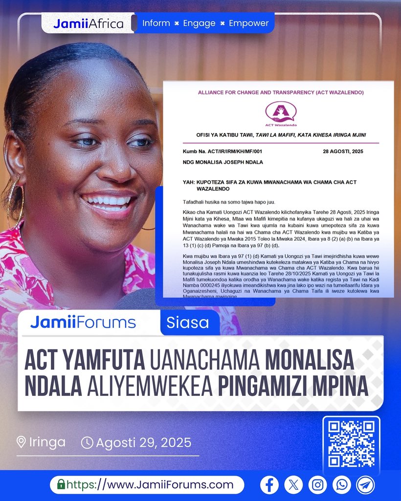 JamiiForums's tweet photo. IRINGA: Chama cha #ACTWazalendo  Tawi la Mafifi kimetoa taarifa ya kumvua uanachama Monalisa Joseph Ndala baada ya kupitia na kufanya ukaguzi wa hali za uhai za Wanachama wa Tawi na kubaini kuwa amepoteza sifa za kuwa mwanachama halali na hai kwa mujibu wa katiba ya ACT ya Mwaka 2015.

Taarifa hiyo imeeleza “Kamati ya Uongozi ya Tawi imejiridhisha kuwa wewe Monalisa Joseph Ndala umeshindwa kutekeleza matakwa ya Katiba ya Chama na hivyo kupoteza sifa ya kuwa Mwanachama wa Chama cha ACT Wazalendo.”

Kwa mujibu wa taarifa hiyo iliyotolewa Agosti 28, 2025 imesema “Tunakujulisha rasmi kuwa kuanzia 28/08/2025, Kamati ya Uongozi ya Tawi la Mafifi tumekuondoa katika  orodha ya Wanachama wake katika regista ya Tawi na Kadi Namba 0000245 iliyokuwa imeandikishwa kwa jina lako ipo wazi na tumeitaarifu Idara ya Oganaizesheni, Uchaguzi na Wanachama ya Chama Taifa ili iweze kutolewa kwa Mwanachama mwingine.”

Soma https://t.co/nUKzZObife

#JamiiAfrica #JamiiForums #Siasa #UchaguziMkuu2025