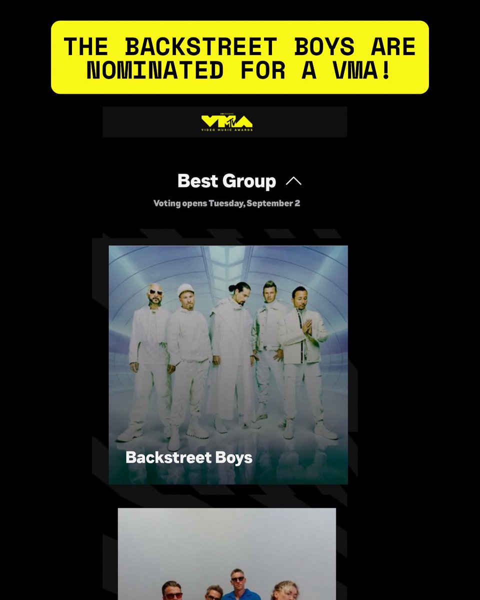 WHOTheBckstreet's tweet photo. WAKE UP WAKE UP! The @backstreetboys are nominated for an @mtv #VMAs in the Best Group category 👏👏👏 Voting starts on September 2nd - link in bio.
Let’s bring #BackstreetsBackToVMAs and one step closer to the Vanguard award! https://t.co/okwM2JRgWG