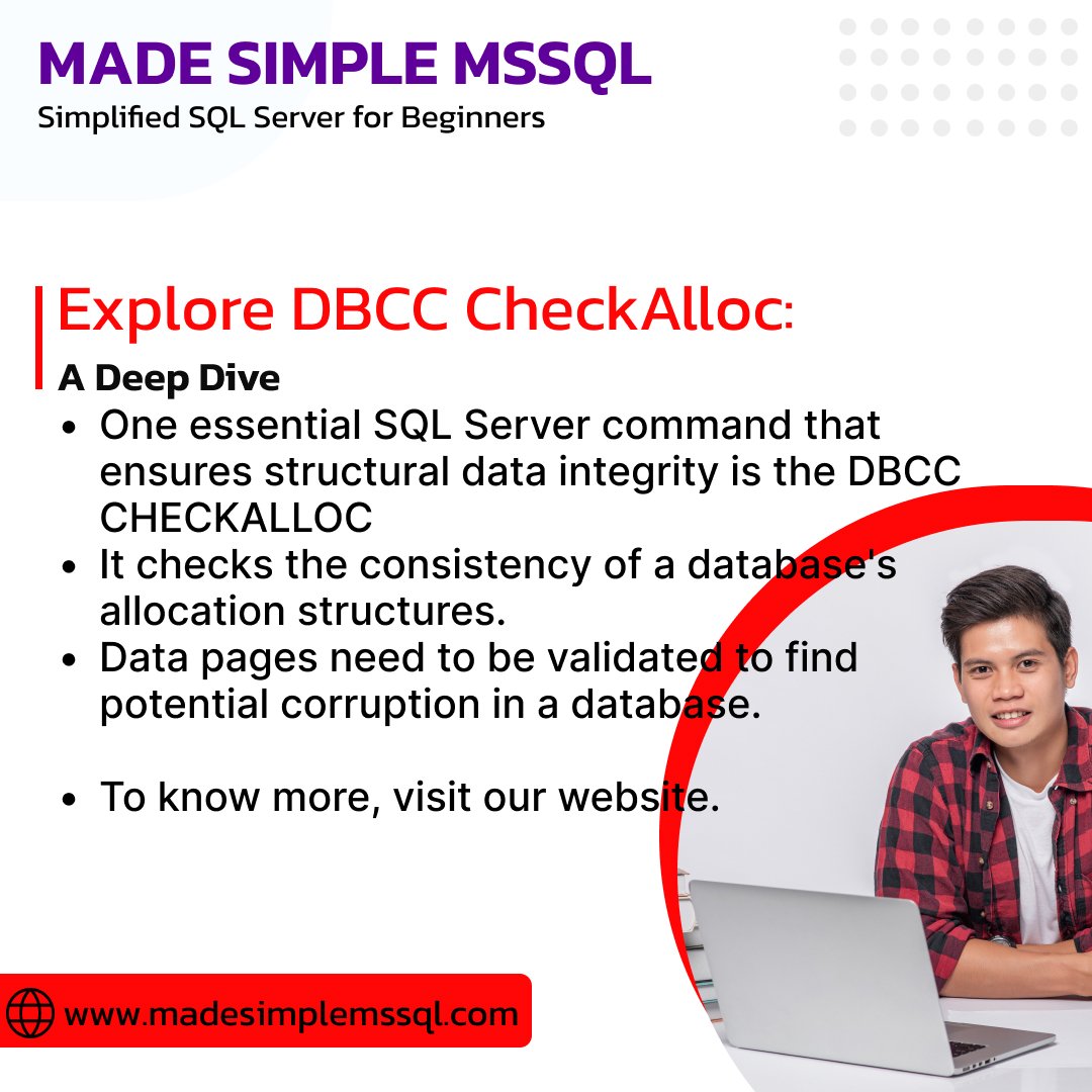 gsumita23's tweet image. Data consistency is crucial in SQL Server. One of SQL Server&apos;s DBCC for confirming database allocation and structural integrity is DBCC CHECKALLOC. Let&apos;s Explore Deeply:
madesimplemssql.com/explore-dbcc-c…

#Data #Database #madesimplemssql #expluger #sql #data #SqLArt #sqlserver #usa #uk