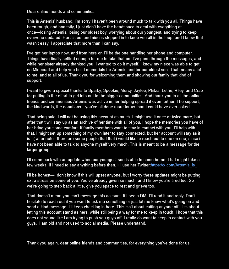 🦉🐤🕯️A final message from Artemis's Husband for a while.