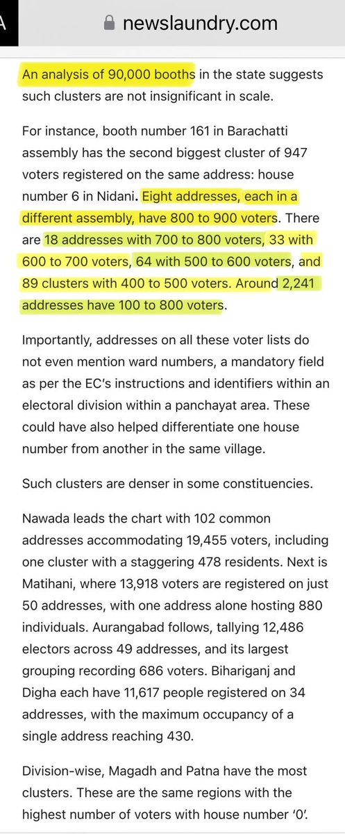 rajuparulekar's tweet photo. The mess that SIR, Bihar is made to be.

CC: @ECISVEEP @RahulGandhi , LOP

Kudos 🫡 🫡 to @TweetSumedha and team @newslaundry for bringing out the facts of the matter. 

▪️2,243 addresses accross Bihar with atleast 100 Voters in one House. 

▪️Over 100 of these addresses house more than 500 Voters. 

▪️The height of it all, the Commission doesn’t have the Powers to rectify the addresses now. 

▪️BLOs not aware of Notional Address marking guideline, which appeared as a Footnote in the Rules. 

When Constitutional functionaries act without application of mind with dubious intentions, Citizens suffer.