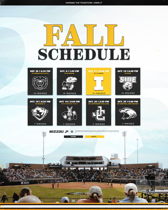 Back For Some Fall Fun 🍂

Check out our Fall Slate as we host seven our eight games at Mizzou Softball Stadium‼️

*All Home Games are FREE to the public

🔗 bit.ly/4lXdpWB

#MIZ🐯🥎 | #OwnIt
