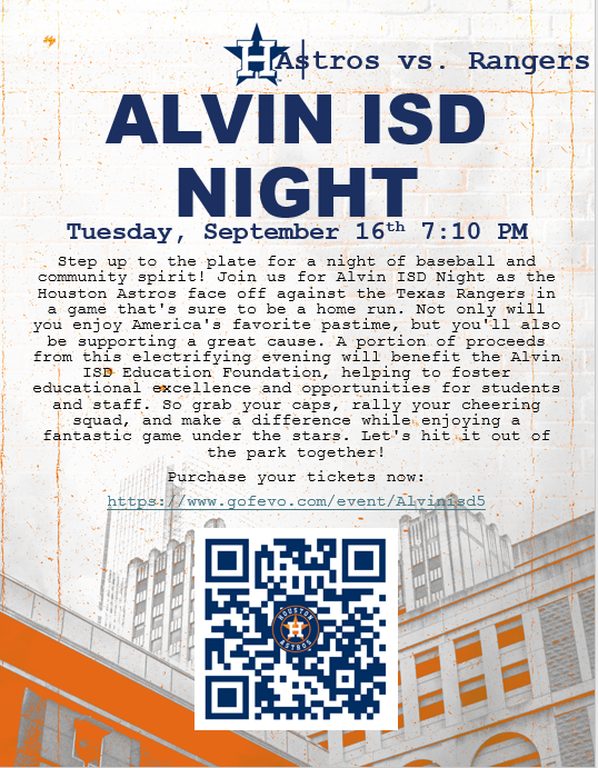 Come join Alvin ISD on September 16th for a night with the Astros!