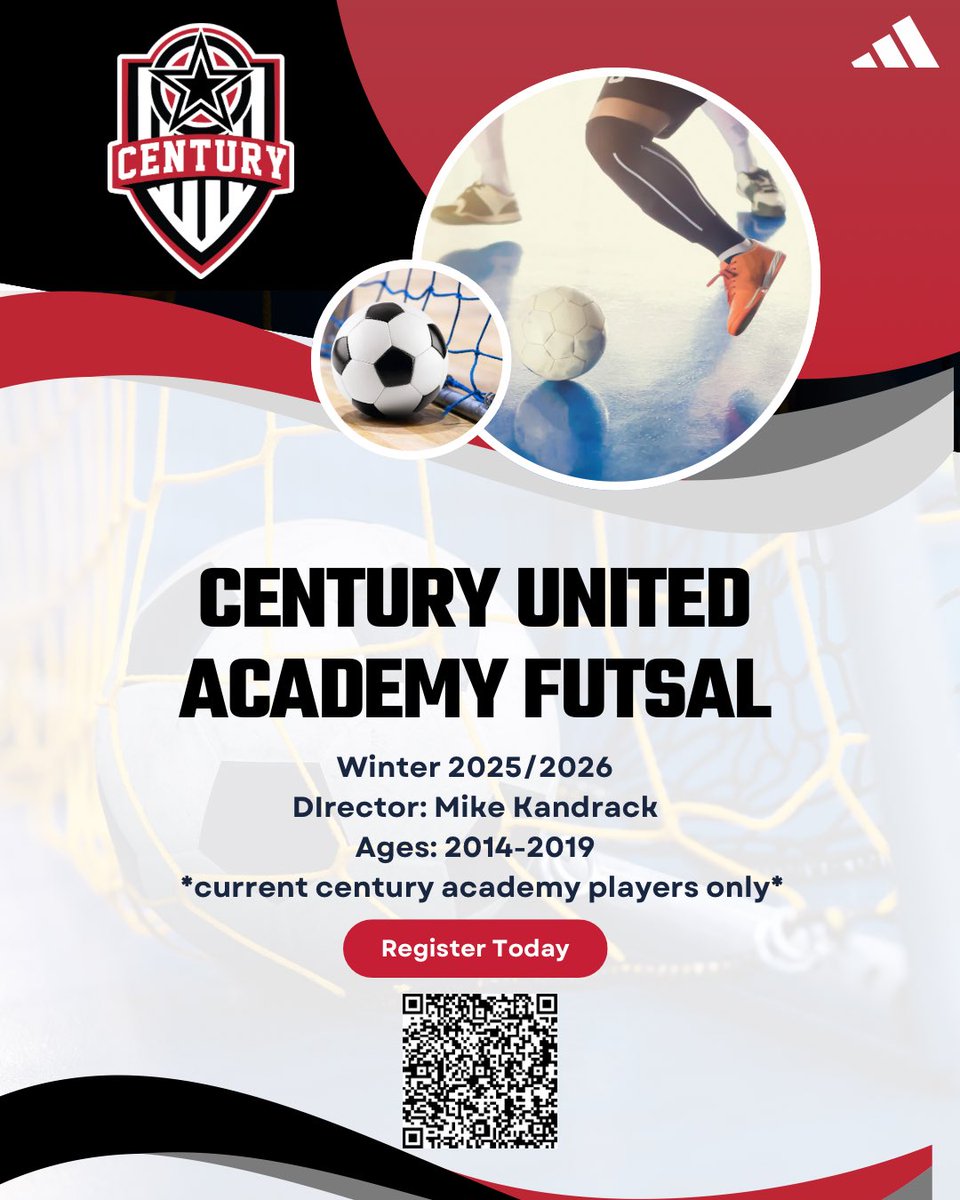 We’re excited to launch a brand-new program for our players. 

Introducing Century United Academy Futsal! 

Winter 2025/2026, open to current Academy players (2014–2019). Sign up today!

🔗: centurysoccer.demosphere-secure.com/_registration_…

#RepCentury