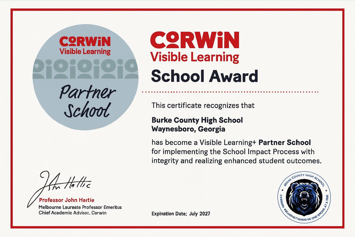I enjoyed working with <a href="/BurkeCountyHS/">Burke County HS</a> this week. They recently received the #VisibleLearning Partner Award at #AVL2025! They’re the only high school in Georgia to earn this honor, and one of just 25 schools in the U.S. and 51 worldwide at the Partner level or above! <a href="/BCPS_Bears/">Burke County Schools</a>