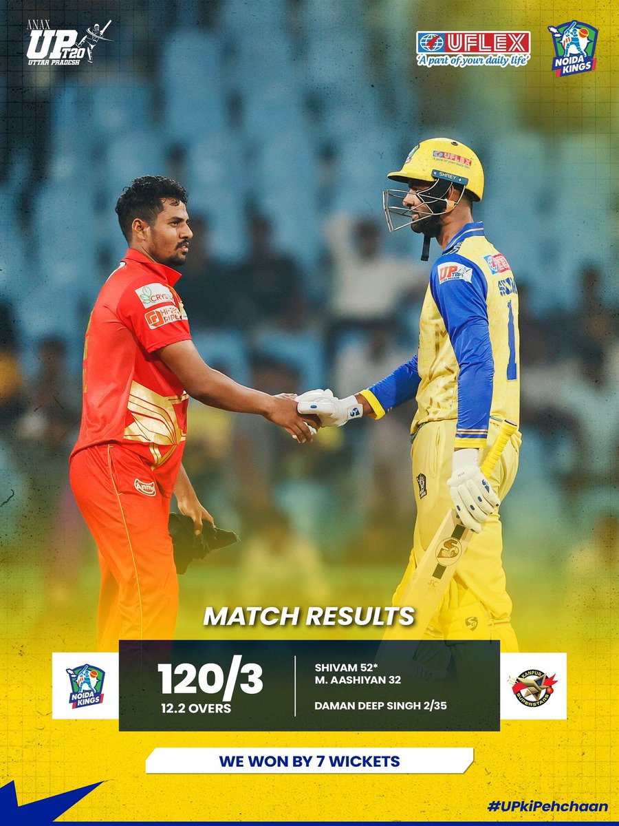 𝐕𝐢𝐜𝐭𝐨𝐫𝐲 𝐮𝐧𝐥𝐨𝐜𝐤𝐞𝐝! 7 wickets in hand, mission accomplished. 🏏✨

#NoidaKings | #UPKiPehechaan | #NoidaKiJaan | #UPT20League | #KhiladiYahanBantaHai | #UPCA
