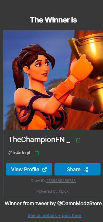 DamnModzStore's tweet image. Congrats @fe4rrlegit you won the Thrilldiver Outfit Giveaway! Please DM us claim your code

Draw ID: 1756489459748