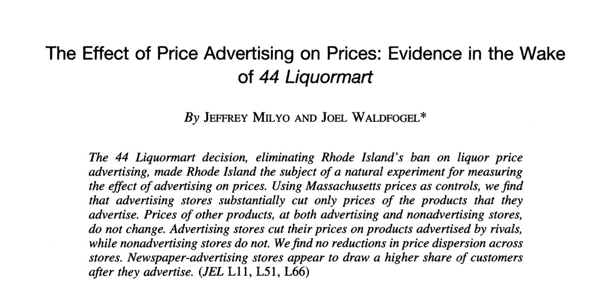 In 1996, the Supreme Court ruled Rhode Island’s ban on liquor advertising unconstitutional. Afterwards, the prices of advertised products fell relative to Massachusetts. An underrated early difference-in-differences study. 1/