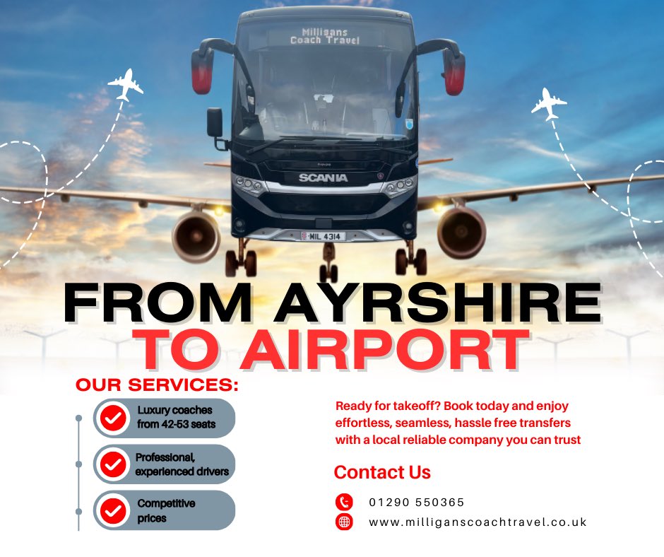 From Ayrshire to Airport 🛫

Are you part of a large group jetting off and looking to avoid parking fees? Start your trip early.
Travel up together, sit back, relax, and let our professional drivers do the rest 😎 

For Glasgow Airport we drop off right at the door too!