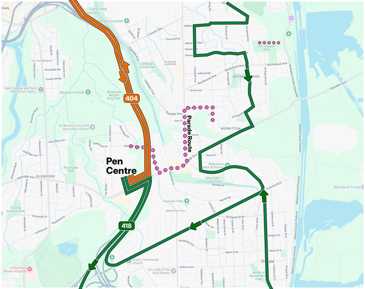 MONDAY SEPTEMBER 1, 2025
Routes 404 and 418 will be detoured for the 2025 Merritton Labour Day Parade from start of service until approximately 1:00 PM.

Route 404: Will operate via Highway 406 instead of Oakdale Avenue.

Route 418: Will detour through Thorold to get to and from