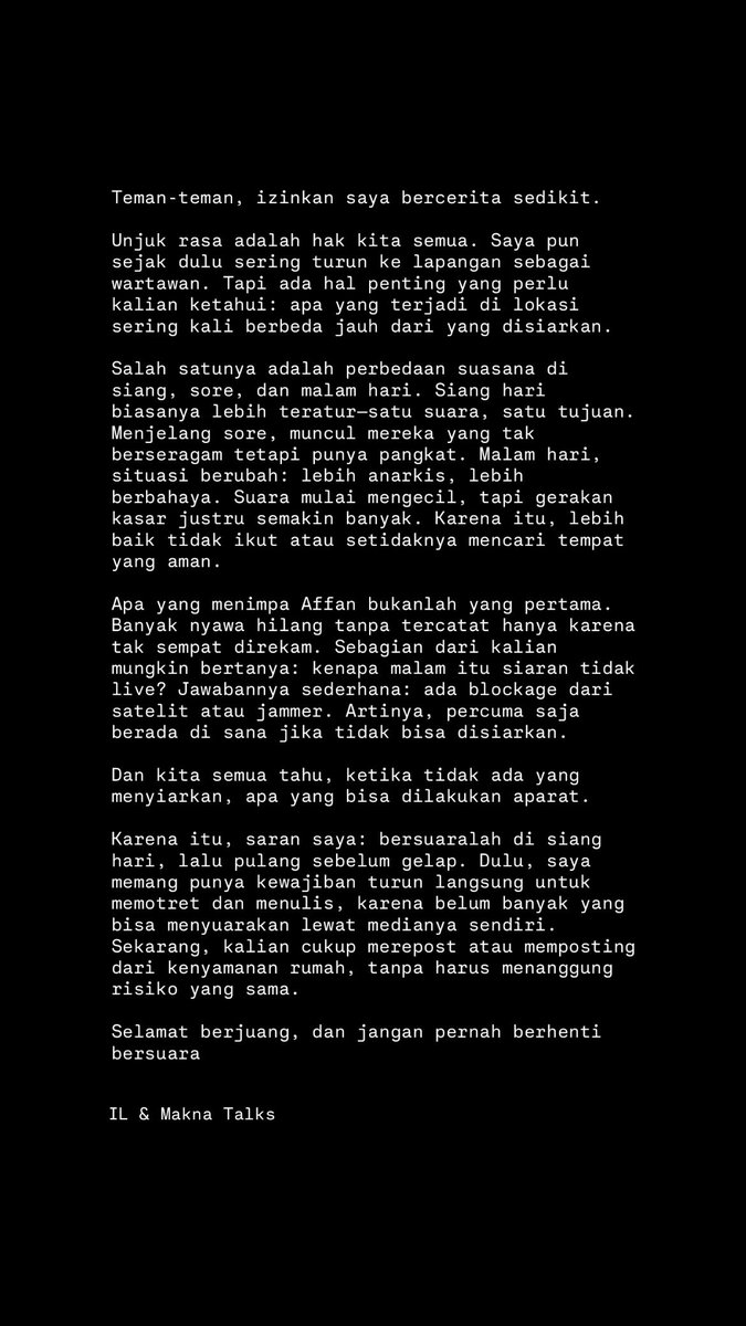 🌼🪻 (@enigmaticdaisy) on Twitter photo crossposting dr IG:
buat teman2 yang rutin kamisan & turun aksi, pasti tau ATURAN PALING DASAR dari turun aksi adalah BUBAR SEBELUM GELAP. beberapa kali ikut kamisan & mantau teman2 yang turun aksi, massa aksi organik SELALU bubar sblm maghrib, kyk omongan <a href="/iyaslawrence/">Iyas Lawrence</a> crossposting dr IG:
buat teman2 yang rutin kamisan & turun aksi, pasti tau ATURAN PALING DASAR dari turun aksi adalah BUBAR SEBELUM GELAP. beberapa kali ikut kamisan & mantau teman2 yang turun aksi, massa aksi organik SELALU bubar sblm maghrib, kyk omongan <a href="/iyaslawrence/">Iyas Lawrence</a>