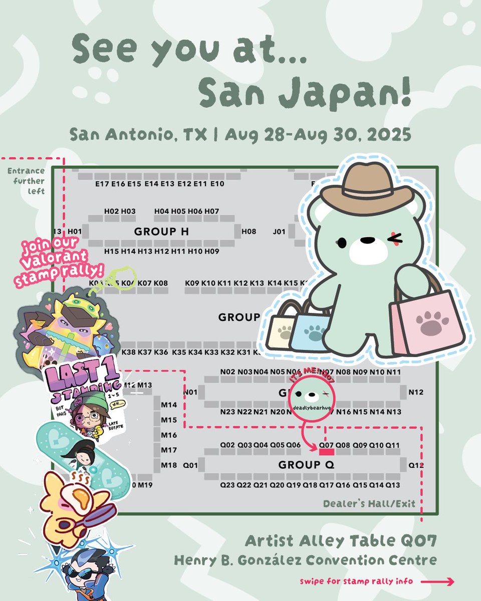 deadlybearhug's tweet image. San antonio!!! San Japan!!! We are here in Q Block at Q07 and doing a Valorant stamp rally with 
@kyupls @Turtlelaza @themokamart !!! 

We brought our new keycap clickers too 🙂‍↕️