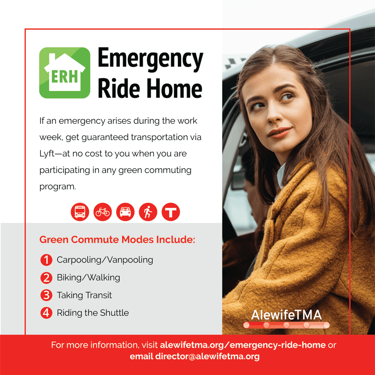 Commute sustainably &amp; stress-free with Alewife TMA’s Emergency Ride Home program! 🚲
If you carpool, bike, walk, or take transit to work, ERH gives you a free Lyft ride home ($50 limit) in case of emergency!
🔗 Link in bio for details.
#AlewifeTMA #ERH
