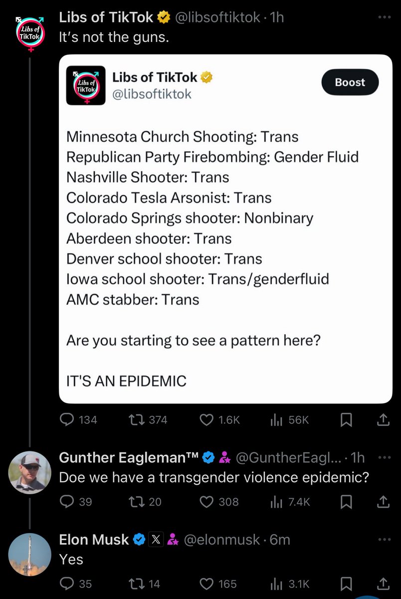 Chaya is lying and using data that goes back to 2021. There have been 2495 mass shootings since then. Two of the people listed here were actually trans. That means she is leaving out 2493 shootings that were perpetrated by cis people. We have a cisgender violence epidemic.
