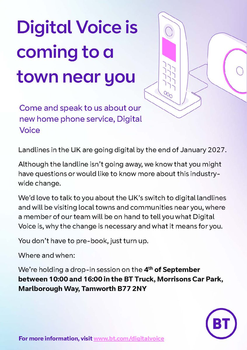GigafastStaffs's tweet photo. Do you have any questions about the change from analogue to digital phone services? The team at @bt_uk will be in #Tamworth next Thursday 4th September. Come and say hi! https://t.co/7IAVMLJ8Ch