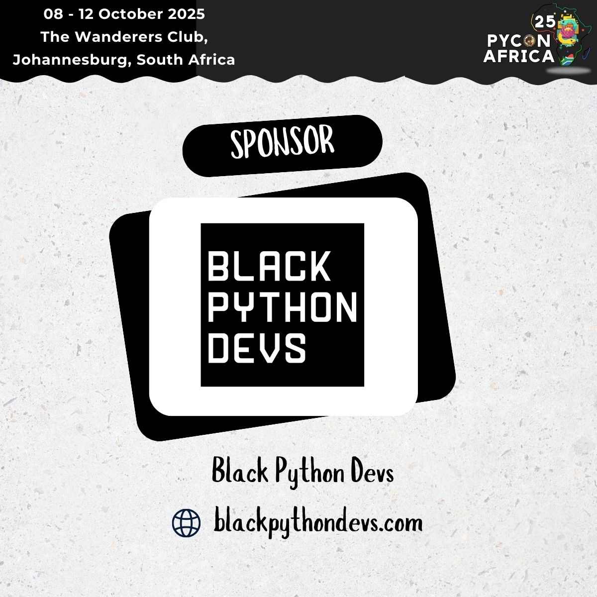 pyconafrica's tweet image. We’re excited to announce Black Python Devs as a sponsor of #PyConAfrica2025!

A global community supporting Black developers and other underrepresented groups in tech through Python education, collaboration, and growth. 🐍✨
🎟️ Tickets are still on sale: za.pycon.org/tickets