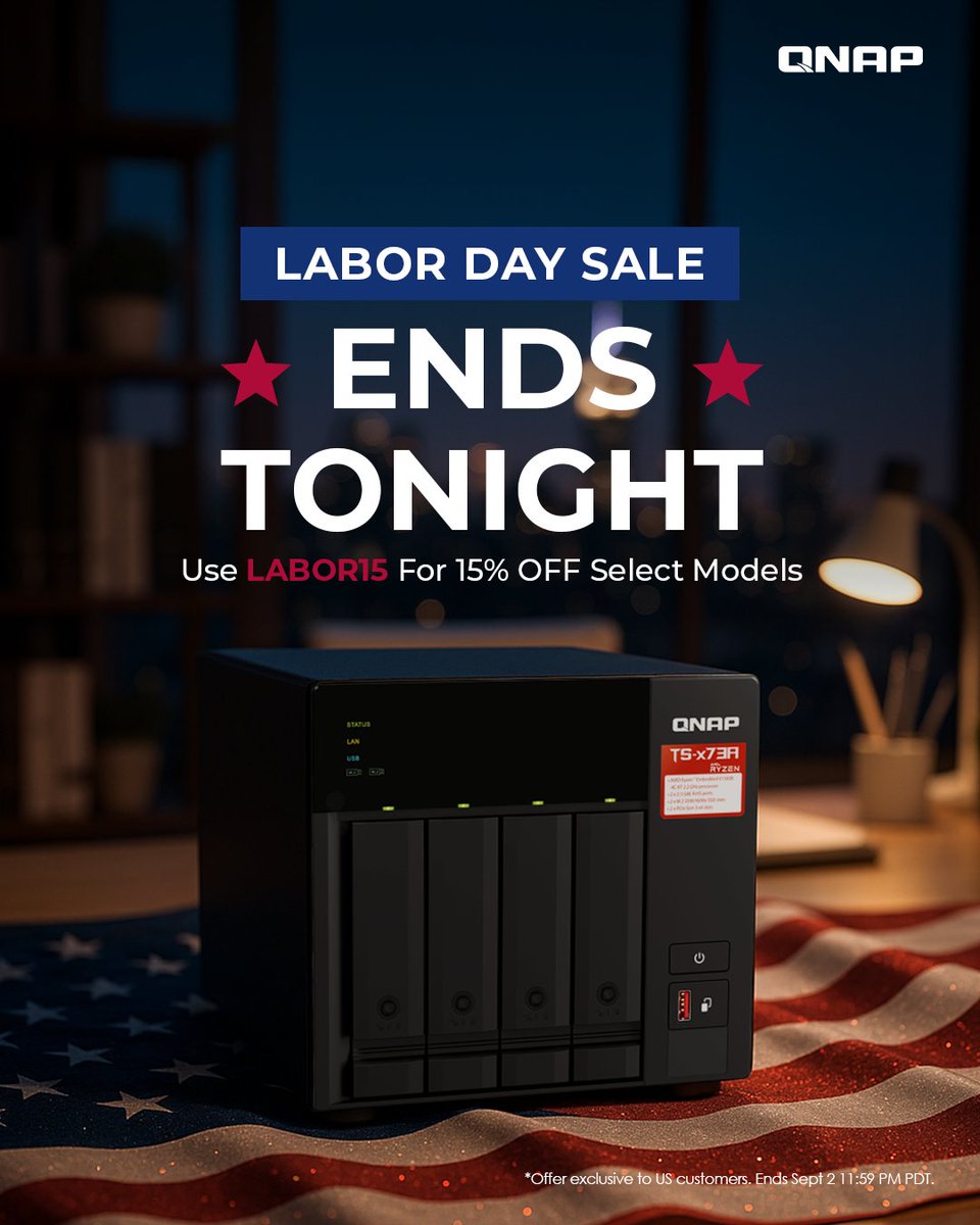 24 Hours Left for Labor Day Savings 🇺🇸
--
🛒 Shop Now! store.qnap.com/sale.html
*Offer ends Tonight! Sept. 2nd 11:59 PM PDT
--
🛍️ Store Offers
TS-473A: $662.15
TBS-h574TX-i3: $1,019.15
--
#QNAP #LaborDay2025 #TechDeals