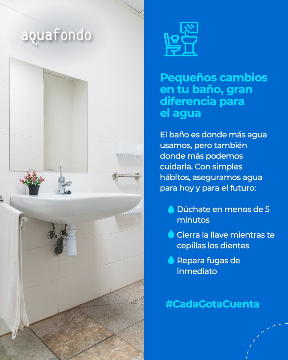 💧 ¿Sabías que en el baño se concentra gran parte de nuestro consumo de agua? 🚿

Pequeños cambios —duchas más cortas, cerrar la llave, reparar fugas— pueden marcar la diferencia.

Hazlo por ti, por tu familia y por el planeta. 🌍

#CadaGotaCuenta