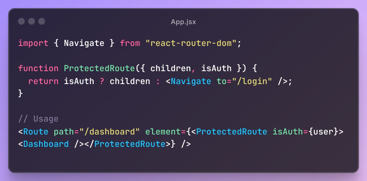 SRProgramist's tweet photo. 🔑 Building a MERN app?

You don’t want non-logged-in users accessing sensitive pages like /dashboard or /profile.
Here’s a simple ProtectedRoute pattern 👇

➡️Keeps non-logged-in users out 🚪
#ReactJS #MERNStack #JavaScript #WebDev #SRProgramist https://t.co/Mz4eqzZsD8