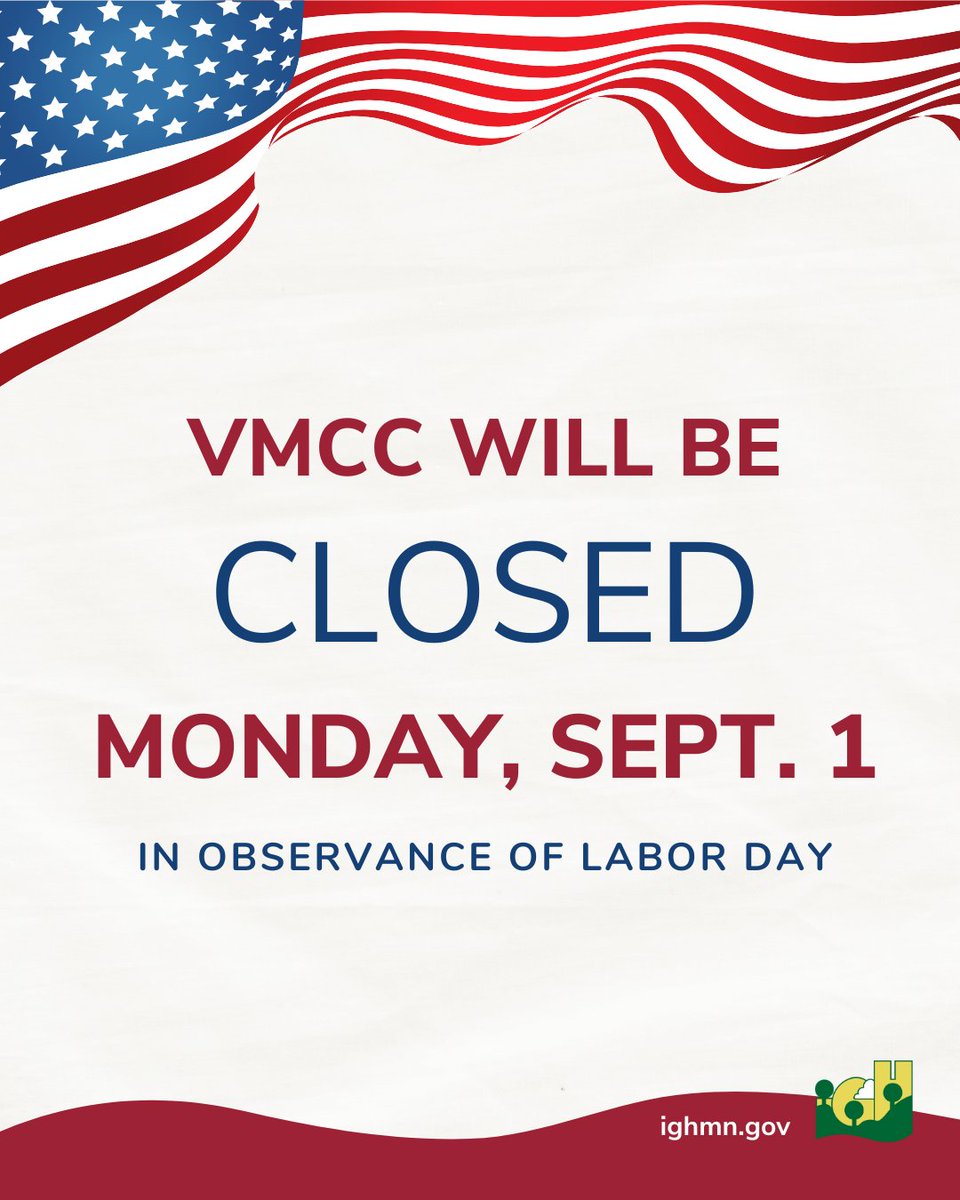 The Veterans Memorial Community Center (VMCC) will be closed on Monday, September 1 in observance of Labor Day.

🍂 Fall VMCC Hours begin Tuesday, September 2:

🔴 Mon-Thurs: 5 a.m.-9 p.m.
🔴 Fri: 5 a.m.-9 p.m.
🔴 Sat-Sun: 7 a.m.-7 p.m.

Have a safe and enjoyable holiday weekend!