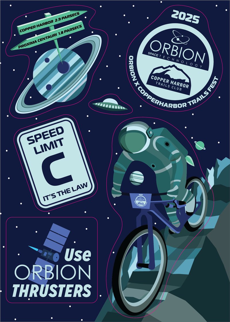 A sneak peek at the sticker packs for the 2025 Orbion x Copper Harbor Trails Fest!  #honored #CopperHarborTrailsFest #Keweenaw #Orbion #PropulsionPerfected
