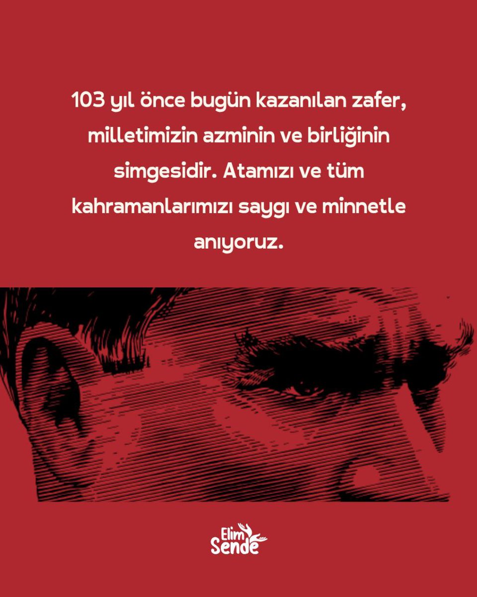 30 Ağustos 1922'de Başkomutanlık Meydan Muharebesi'nin başarıyla sonuçlanmasıyla, Gazi Mustafa Kemal Atatürk öncülüğünde başlatılan kurtuluş mücadelesi kesin ve kalıcı bir zafere ulaşmıştır.

30 Ağustos Zafer Bayramı Kutlu  Olsun!

#elimsende #30ağustos #zaferbayramı