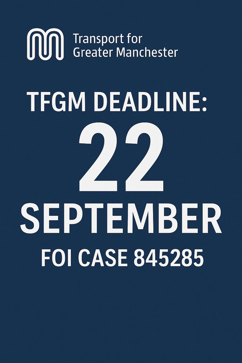 LeeOdams's tweet image. TfGM has confirmed my FOI is now consolidated under Case 845285.

By law, they must respond by 22 Sept 2025 — in public.

20 months since they promised safety data. The clock is ticking.

👉 whatdotheyknow.com/request/subjec…

#BusSafety #TfGM #Accountability