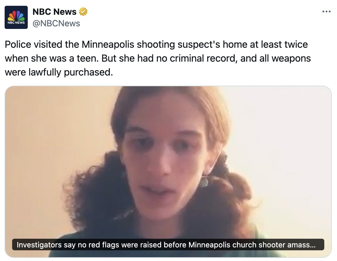 "There weren't any red flags."

Of course there were, but you were conditioned not to see them. This is the danger of normalizing and affirming mental illness, as NBC is doing now with their pronouns.