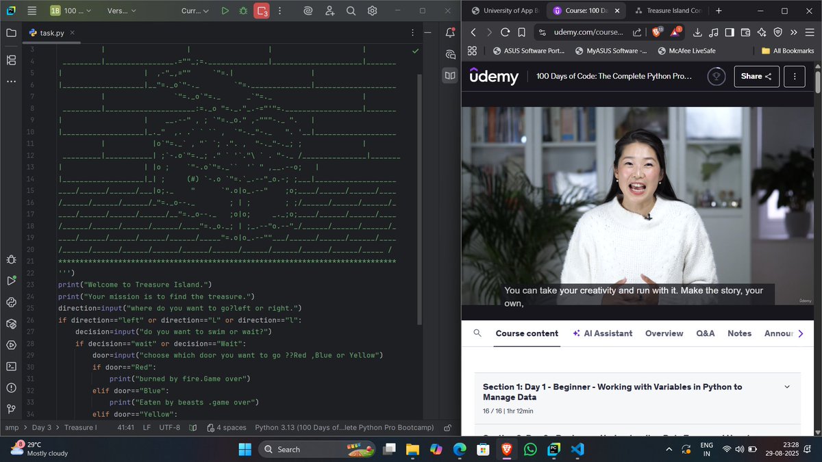 anjaliyadavv064's tweet image. Day 3 of #100DaysOfCode 🚀  

✅ Learned conditional statements (if/else) in Python with @yu_angela  .
Built a fun mini-project: Treasure Island (text-based adventure game).
#buildinpublic #python #CodeNewbie