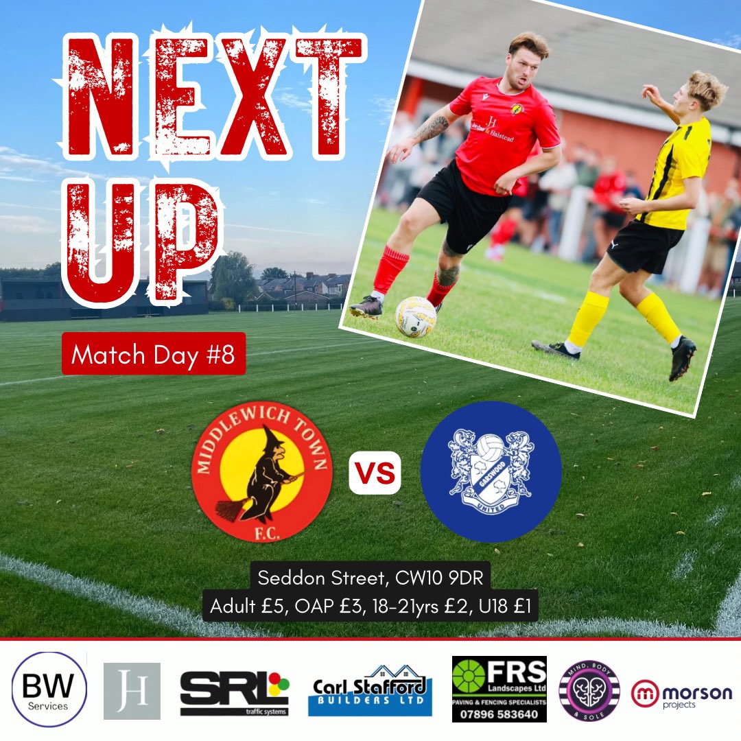 Middlewich Town FC (@middlewichfc) on Twitter photo Tomorrow we host Garswood at Seddon Street.
🔴⚫️⚽️
🆚 <a href="/GarswoodUTD/">Garswood United F.C</a>
📆 Sat 30th August
🏟 Seddon Street
🏆 <a href="/CheshireFL/">Cheshire Football League ⚽️</a> Premier Division
⏰ 2pm KO
Bar is open 🍺
Kitchen is open 🍟
#upthewitches🧙🏻♀️ Tomorrow we host Garswood at Seddon Street.
🔴⚫️⚽️
🆚 <a href="/GarswoodUTD/">Garswood United F.C</a>
📆 Sat 30th August
🏟 Seddon Street
🏆 <a href="/CheshireFL/">Cheshire Football League ⚽️</a> Premier Division
⏰ 2pm KO
Bar is open 🍺
Kitchen is open 🍟
#upthewitches🧙🏻♀️