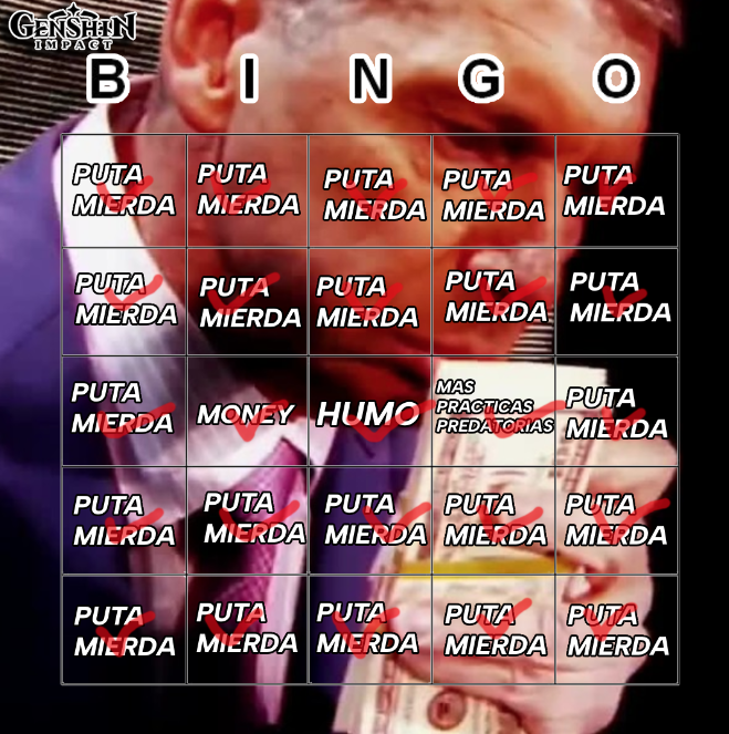 Faello55's tweet photo. Aquí esta mi bingo del live de la 6.0 de Genshin Impact.
Le pegué a todo, soy como el nuevo Nostradamus. https://t.co/ea6bM1U8wn
