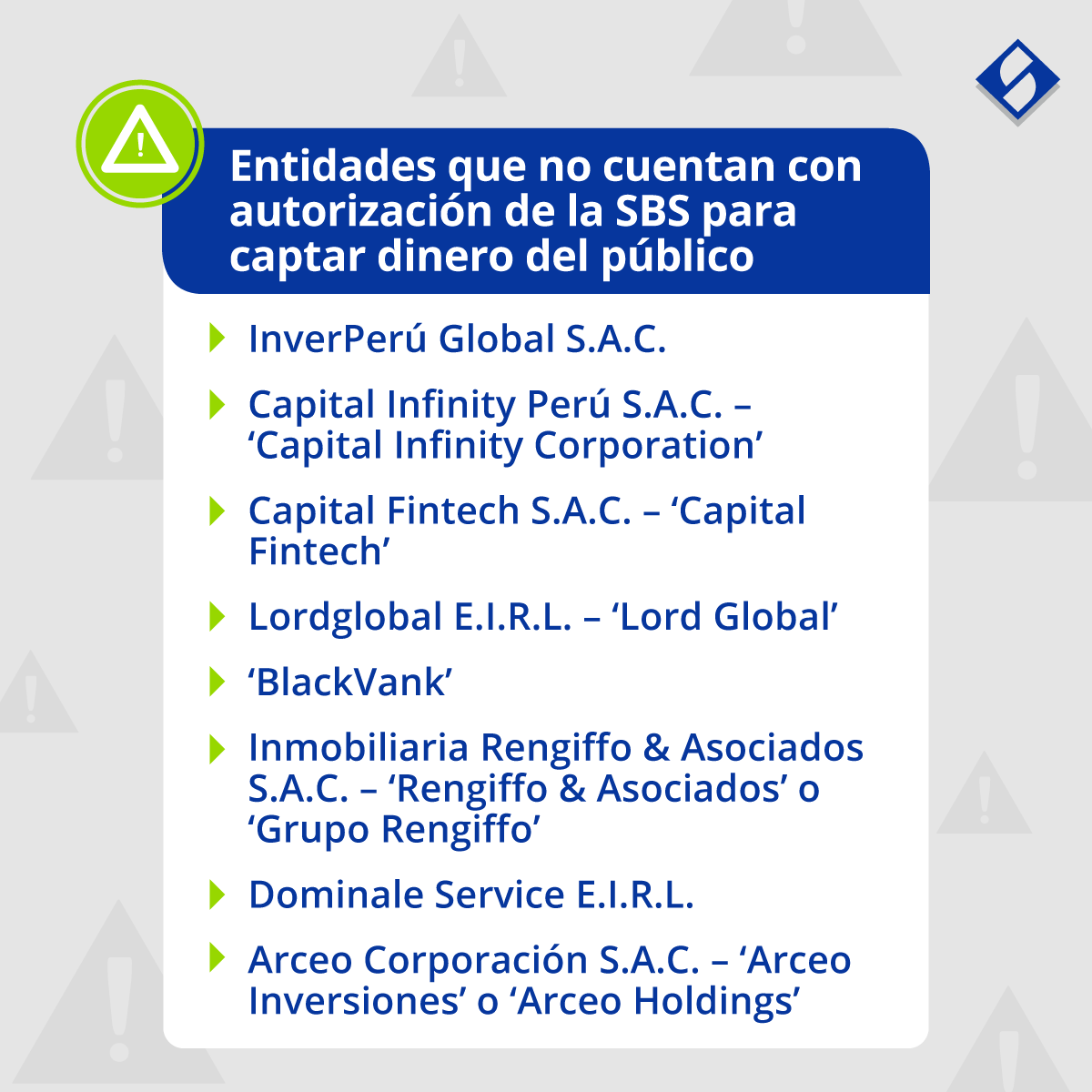 SBSPERU's tweet photo. ⚠️🚨 ¡Atención! La #SBSPerú alerta al público sobre nuevas entidades que promueven actividades de captación de dinero sin autorización. Antes de decidir dónde ahorrar o invertir, infórmate bien y protege tu dinero. Lee la nota completa aquí ➡️ https://t.co/Uli7l9BADr https://t.co/L4uWLb3bUt