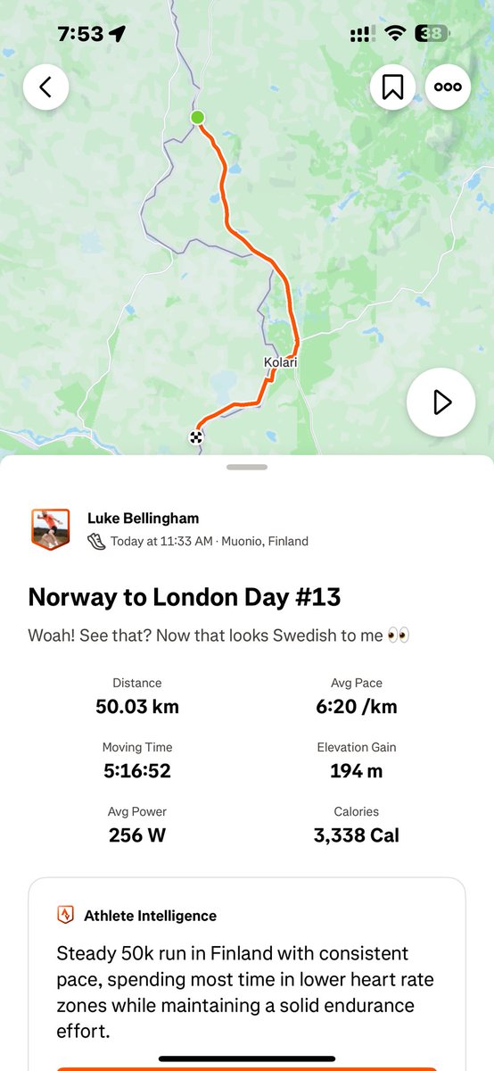 Norway to London Day #13
50.03km

Another day, another 50km and another country conquered🫡
Passed into Sweden this afternoon ready to take on the longest stretch in one country of the mission.
Finland didn’t let me leave easily though, the hills continued to come thick and fast!