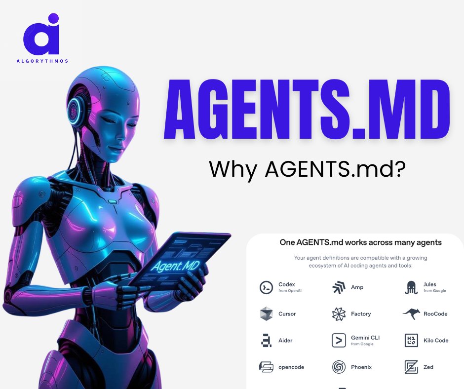 AGENTS.md is here 🚀
Think of it as the README.md for AI coding agents.  
One file → setup, tests, style rules, PR guidelines.  
Already in 20,000+ repos.

This could be the next big convention.  
Read more 👇
medium.com/algorythmos/ag…

#AI #opensource