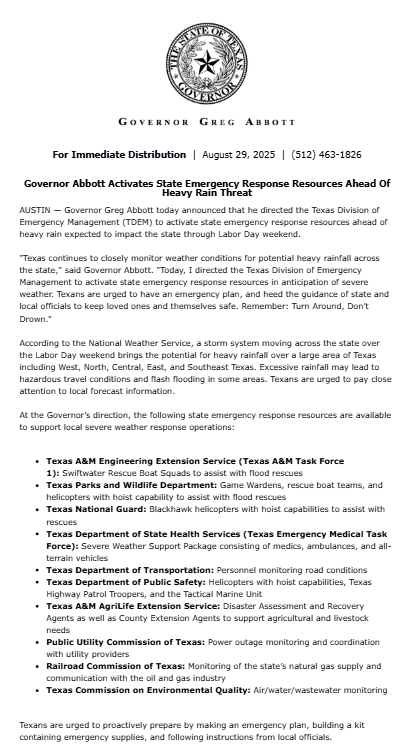 After floods took over Texas during the last holiday weekend, <a href="/GregAbbott_TX/">Greg Abbott</a> has activated state emergency response resources ahead of anticipated weather Labor Day weekend.