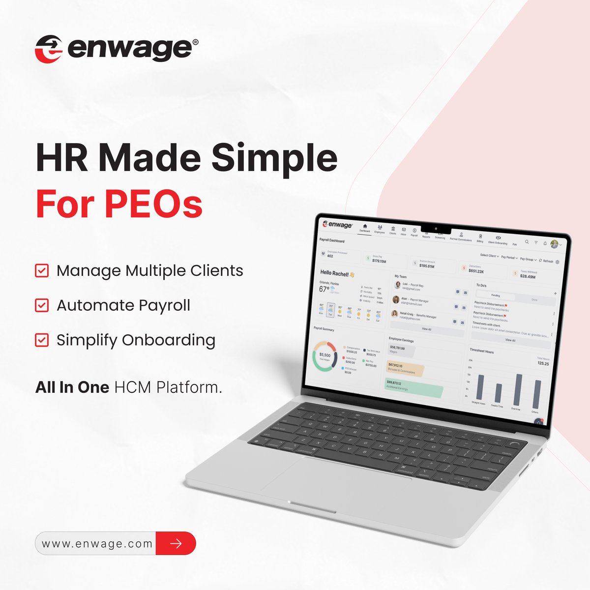 EnwageOfficial's tweet image. 𝐑𝐮𝐧𝐧𝐢𝐧𝐠 𝐚 𝐏𝐄𝐎 𝐢𝐬 𝐜𝐨𝐦𝐩𝐥𝐞𝐱 — 𝐛𝐮𝐭 𝐲𝐨𝐮𝐫 𝐇𝐑 𝐭𝐞𝐜𝐡 𝐬𝐡𝐨𝐮𝐥𝐝𝐧’𝐭 𝐛𝐞.

Enwage is purpose-built for Professional Employer Organizations to simplify every part of your workflow:

📅 Book your free demo today!  :-  enwage.com/book-a-demo/

#HCMSoftware