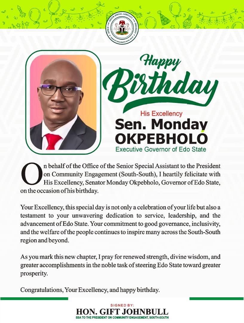 gift_johnbull's tweet photo. Happy Birthday, Your Excellency, Sen. Monday Okpebholo. Wishing you continued wisdom and strength in your service to the people.
#PresidentSentMe
#OneGoal
#RenewedHopeAgenda
#SouthSouth
#CommunityVoices
#HappyBirthday
#YourExcellency
#GovernorMonday
#EdoState https://t.co/lncMbYwnaB