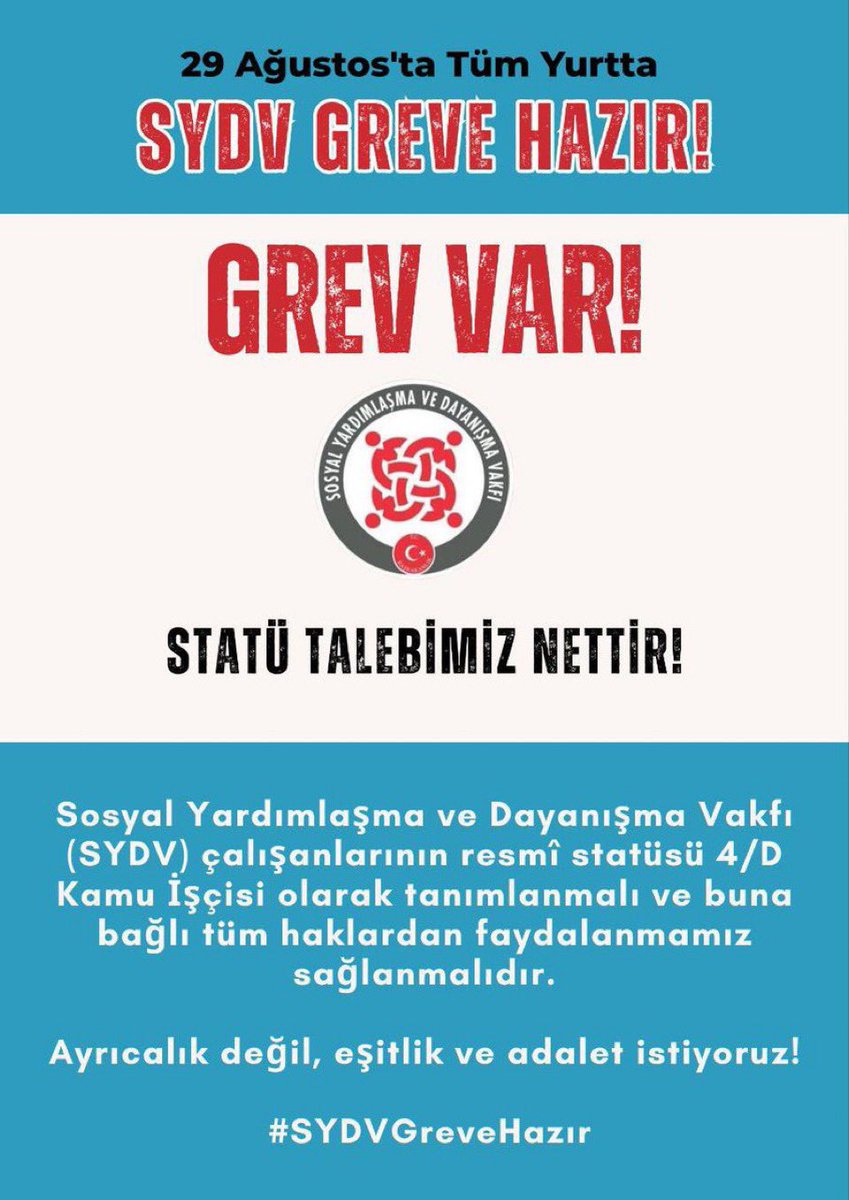 SYDV grevde, emeğin sesi her yerde‼️

#SYDVGrevde

<a href="/_cevdetyilmaz/">Cevdet Yılmaz</a> <a href="/tcailesosyal/">T.C. Aile ve Sosyal Hizmetler Bakanlığı</a>
<a href="/MahinurOzdemir/">Mahinur Özdemir Göktaş</a> <a href="/csgbakanligi/">T.C. Çalışma ve Sosyal Güvenlik Bakanlığı</a>
<a href="/isikhanvedat/">Prof. Dr. Vedat Işıkhan</a> <a href="/SayimMadak/">Dr. Sevim Sayım Madak 🇹🇷</a> <a href="/ztarikdaroglu/">Zafer TARIKDAROĞLU</a> <a href="/LemanYenigunAk/">Leman Yenigun</a>
<a href="/ashb_sygm/">Sosyal Yardımlar Genel Müdürlüğü</a>
