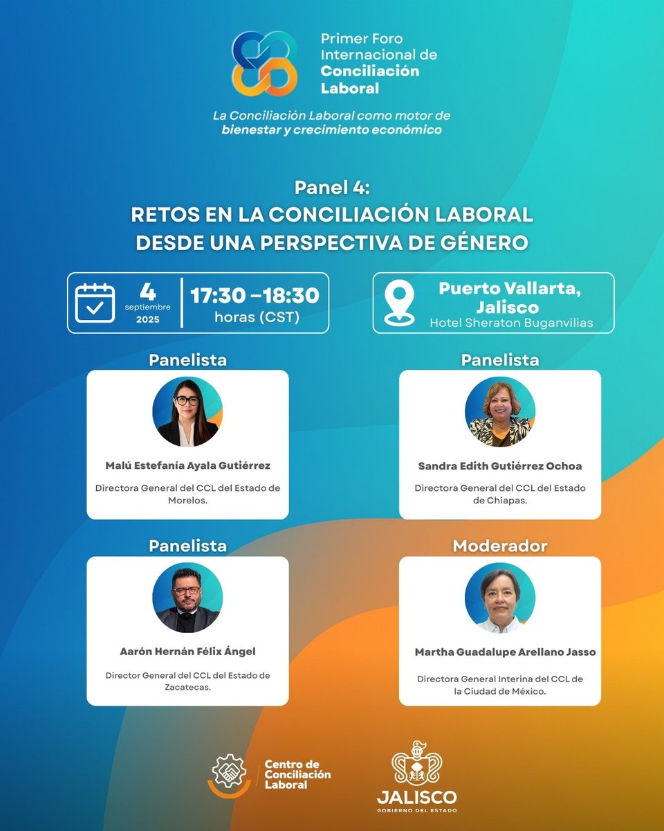📢 El 4 de septiembre en el #ForoInternacional de Conciliación Laboral tendremos dos paneles clave:
🔹 Avances de la conciliación individual a 6 años de la reforma laboral
🔹 Retos desde una perspectiva de género

👉 Regístrate aquí: ccl.jalisco.gob.mx/forocl

#PuertoVallarta