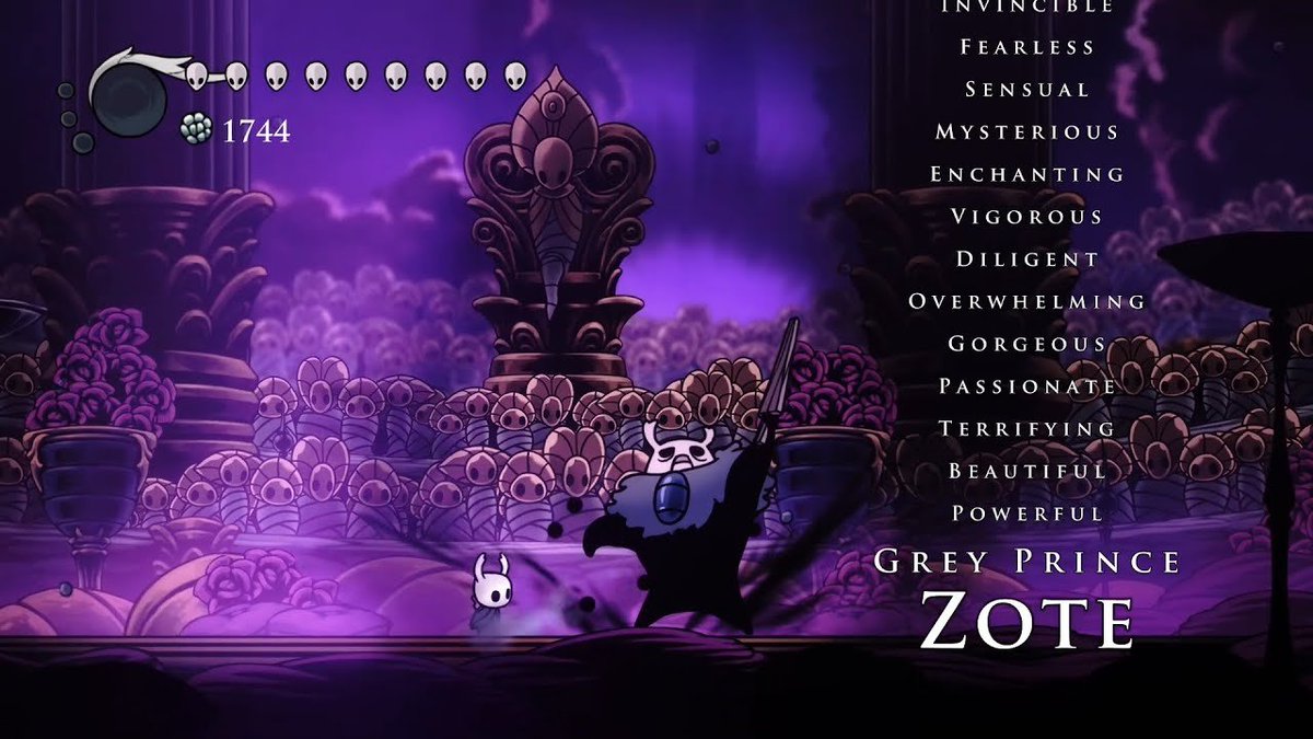 Todo dia uma foto de Hollow Knight até Silksong sair            

DIA 8 - O Invencível, Destemido, Sensual, Misterioso, Encantador, Vigoroso, Diligente, Avassalador, Deslumbrante, Apaixonado, Aterrorizante, Belo, Poderoso, Príncipe Zote, o Cinzento.