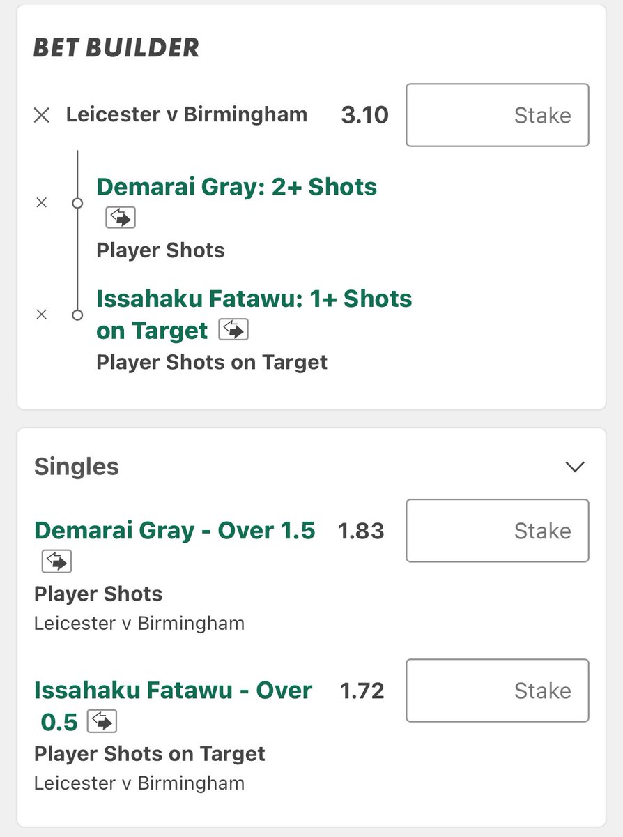 Championship 🏴󠁧󠁢󠁥󠁮󠁧󠁿

Leicester Vs Birmingham 

📊 Gray 01.5 Shots 
Odds: 1.83

📊 Fatawu O0.5 SOTs
Odds: 1.72