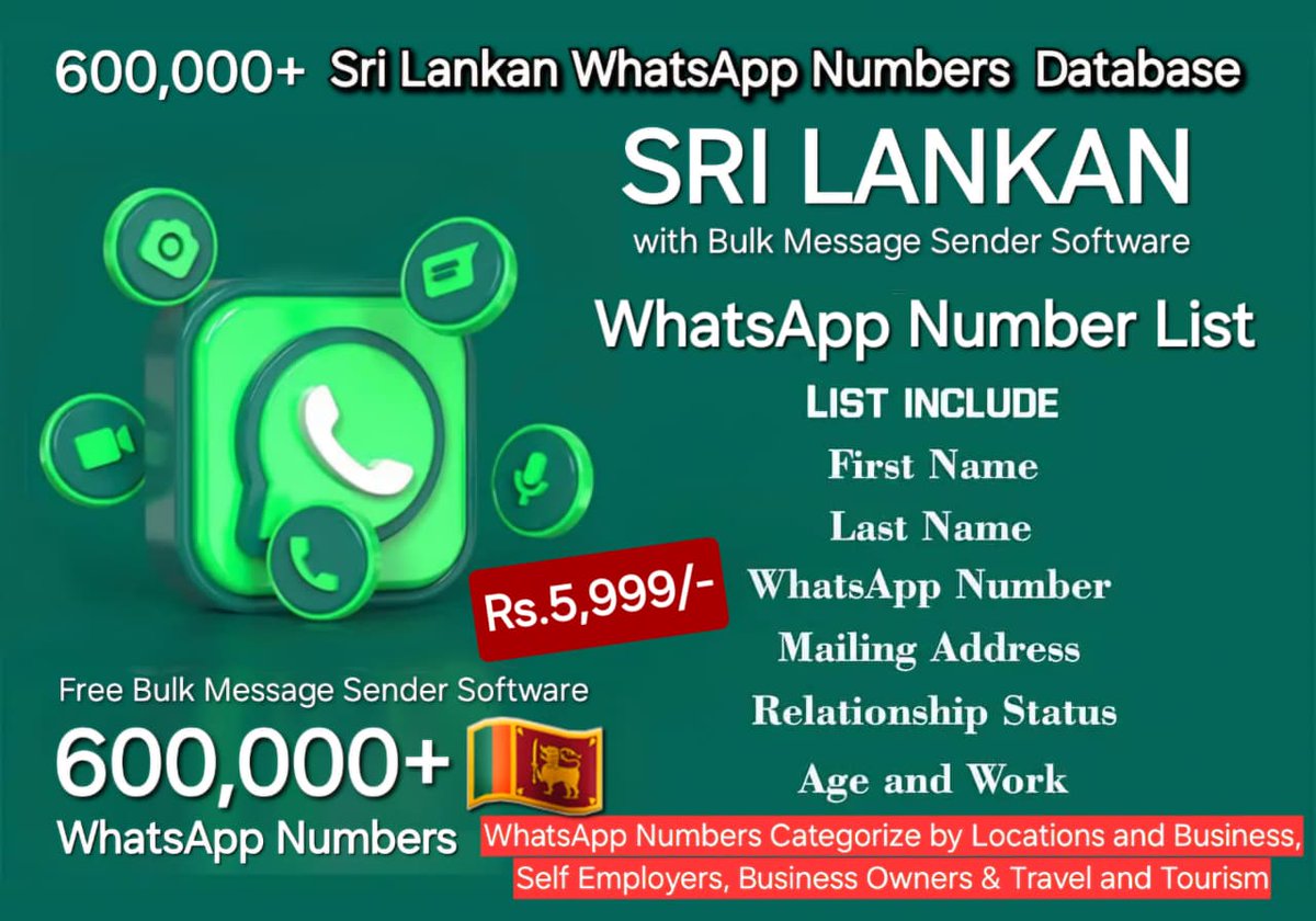 webeyelanka's tweet photo. 600,000+ Sri Lankan WhatsApp Numbers Database + Free Sender Software ( Bulk Message Sender ) Rs.5,999/- 
Limited Times Offer

Call Us 075 52 94 271 
𝗪𝗵𝗮𝘁𝘀𝗔𝗽𝗽 කරන්න: https://t.co/uX6c9U4mja

#WhatsAppCRM #WAsender #WhatsAppNumbersinSriLanka #WhatsappBusiness #BulkSoftware https://t.co/DuZUEyGdoW