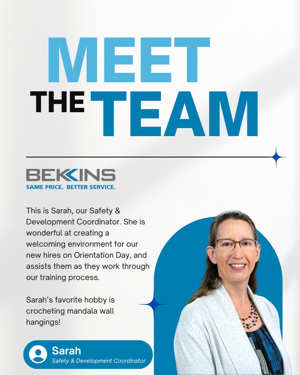 _bekins's tweet photo. Meet the Bekins Team! Sarah is our Safety &amp; Development Coordinator and has been with Bekins for 9 years!

She is wonderful at creating a welcoming environment for our new hires on Orientation Day.

Outside of work, Sarah loves to crochet mandala wall hangings!🧶 https://t.co/VVMmeNVGk8