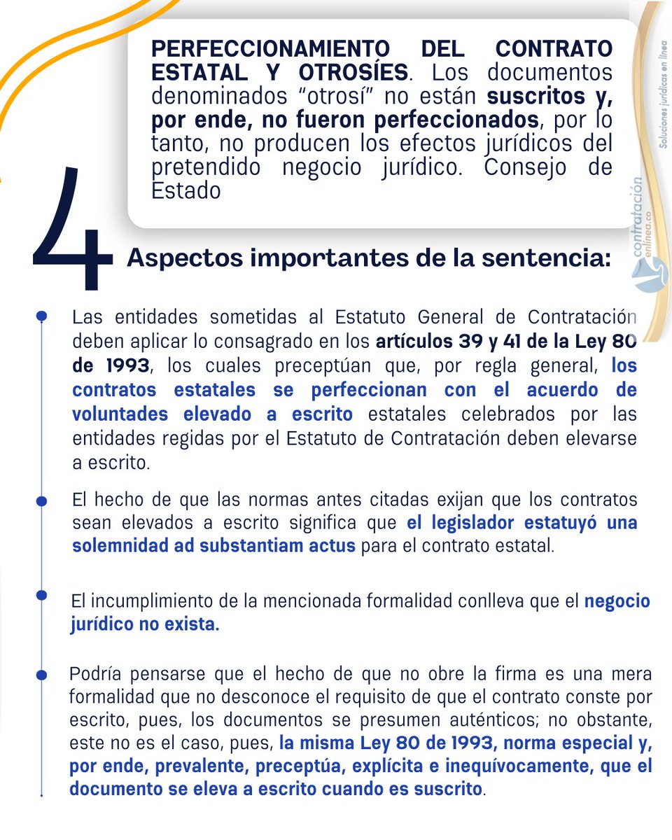 📧 PERFECCIONAMIENTO DEL CONTRATO ESTATAL Y OTROSÍES. Los documentos denominados “otrosí” no estaban suscritos y, por ende, no fueron perfeccionados, por lo tanto, no producen efectos jurídicos. Consejo de Estado contratacionenlinea.co/documentos/con…